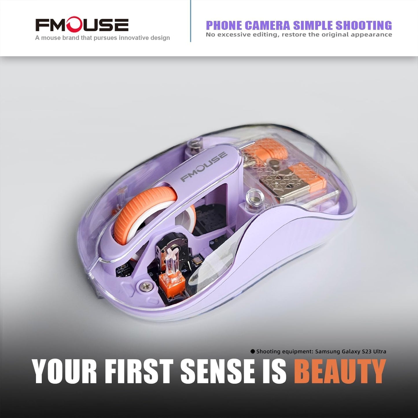 Stunning Transparent Wireless Mouse, Dual Bluetooth & 2.4GHz for Multi Device, USB-C Receiver Ideal for MacBook/Laptops, Rechargeable, Cool LED, Silent, for Girls & Small Hands - Purple