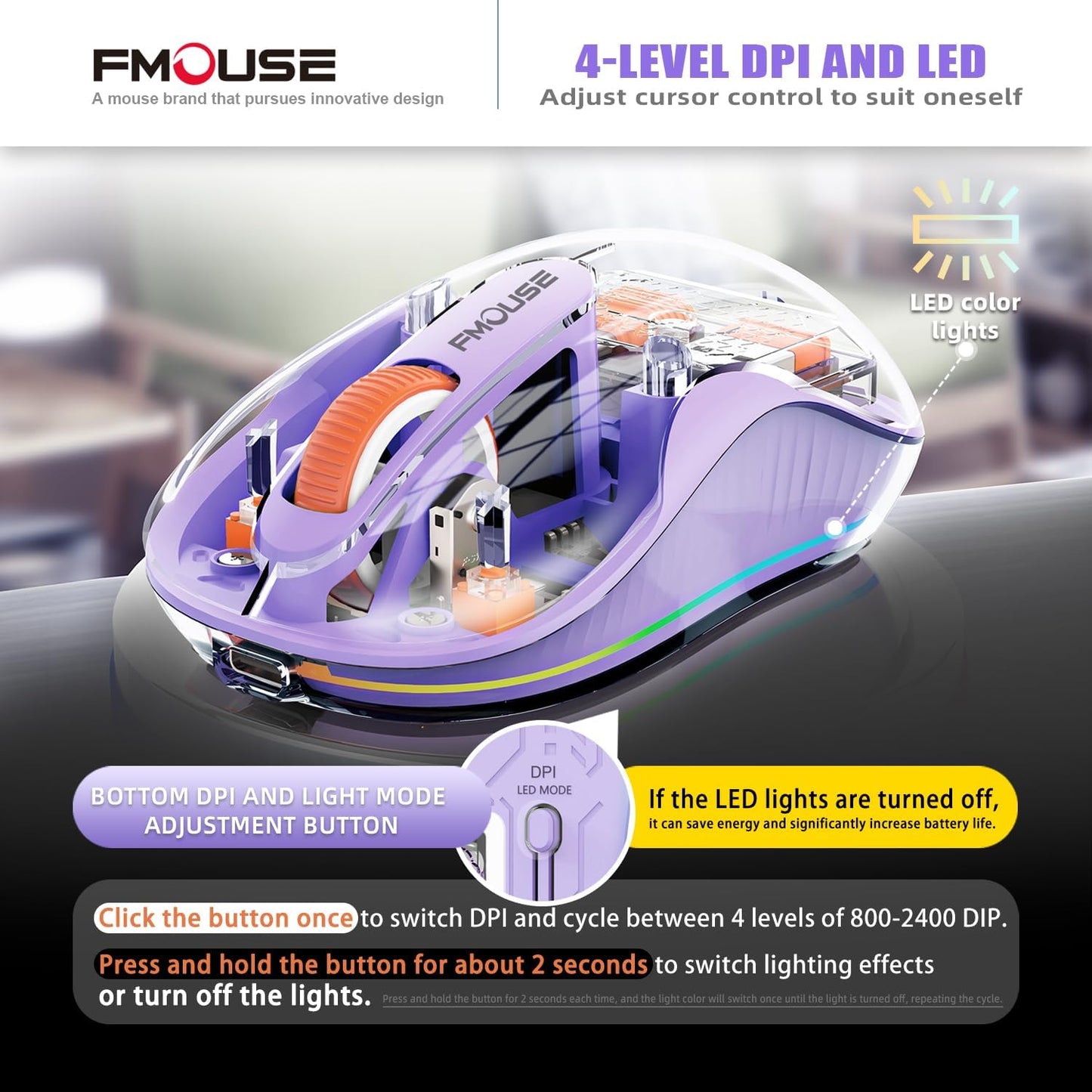 Stunning Transparent Wireless Mouse, Dual Bluetooth & 2.4GHz for Multi Device, USB-C Receiver Ideal for MacBook/Laptops, Rechargeable, Cool LED, Silent, for Girls & Small Hands - Purple