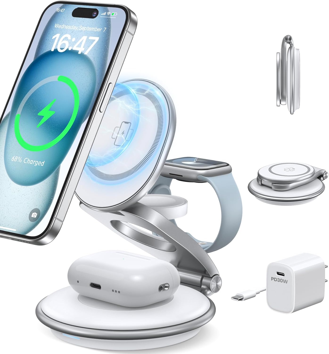 Charging Station for Apple Multiple Devices: 3 in 1 Foldable Magnetic Wireless Charger Stand