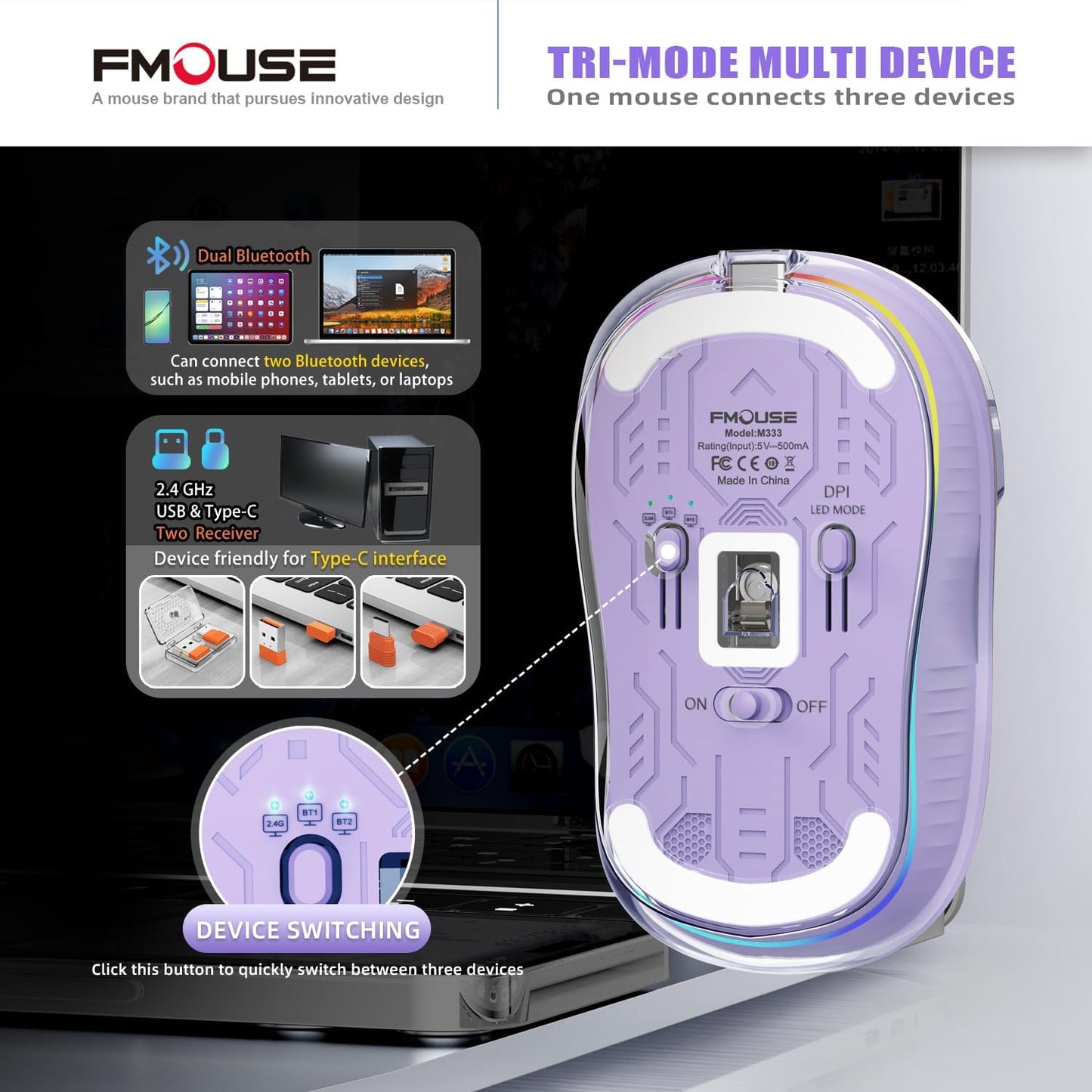 Stunning Transparent Wireless Mouse, Dual Bluetooth & 2.4GHz for Multi Device, USB-C Receiver Ideal for MacBook/Laptops, Rechargeable, Cool LED, Silent, for Girls & Small Hands - Purple