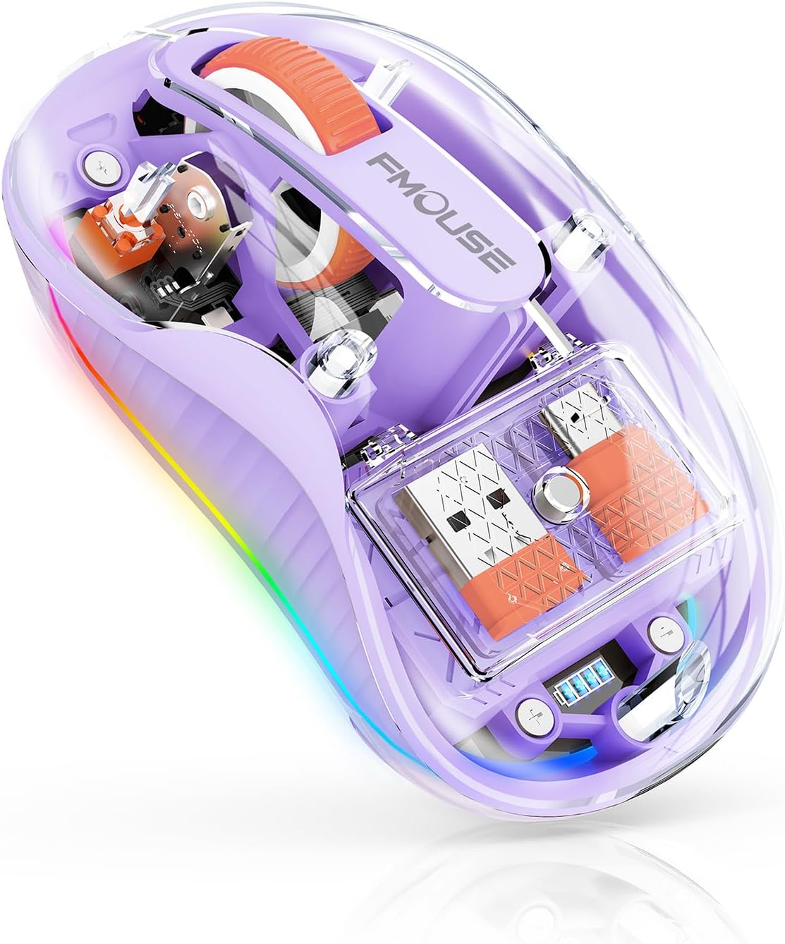 Stunning Transparent Wireless Mouse, Dual Bluetooth & 2.4GHz for Multi Device, USB-C Receiver Ideal for MacBook/Laptops, Rechargeable, Cool LED, Silent, for Girls & Small Hands - Purple