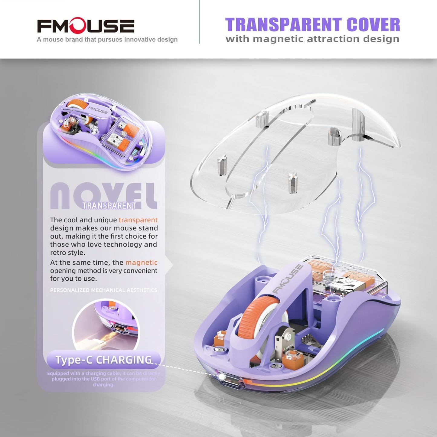 Stunning Transparent Wireless Mouse, Dual Bluetooth & 2.4GHz for Multi Device, USB-C Receiver Ideal for MacBook/Laptops, Rechargeable, Cool LED, Silent, for Girls & Small Hands - Purple