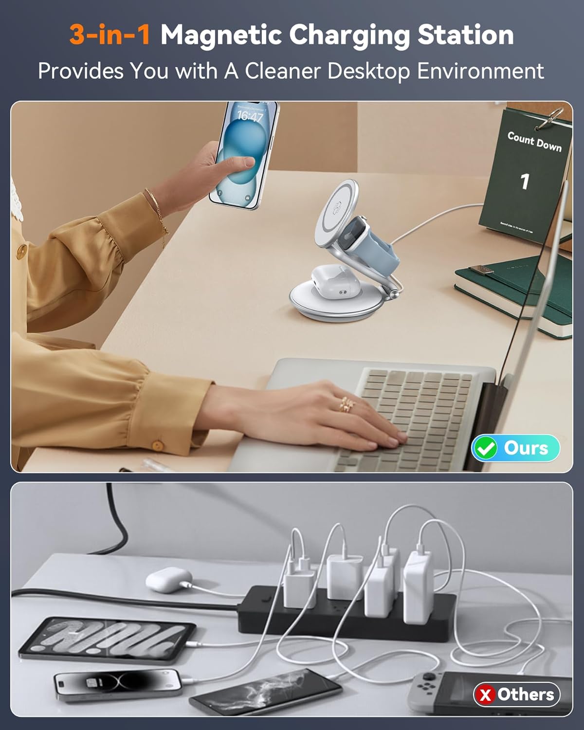 Charging Station for Apple Multiple Devices: 3 in 1 Foldable Magnetic Wireless Charger Stand