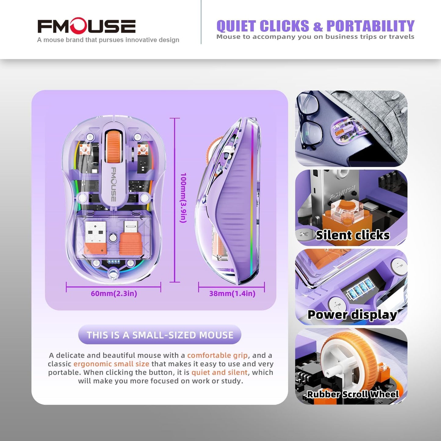 Stunning Transparent Wireless Mouse, Dual Bluetooth & 2.4GHz for Multi Device, USB-C Receiver Ideal for MacBook/Laptops, Rechargeable, Cool LED, Silent, for Girls & Small Hands - Purple