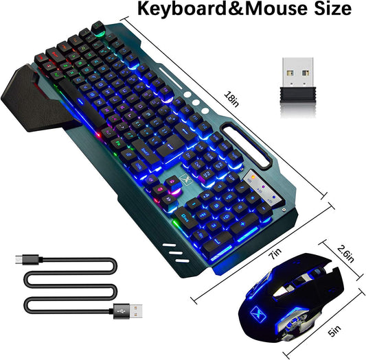 Wireless gaming Keyboard and Mouse,Rainbow Backlit Rechargeable Keyboard Mouse with 3800mAh Battery Metal Panel
